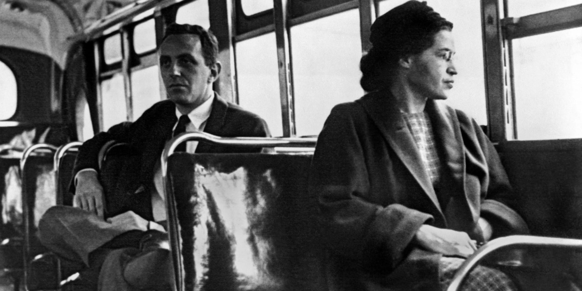 Rosa Parks seated toward the front of the bus, Montgomery, Alabama, 1956. (Photo by Underwood Archives/Getty Images)
